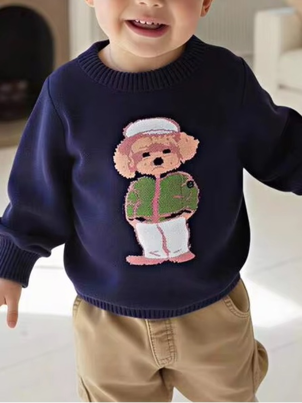 Kids Polo-Collar Sweater with Bear Graphic - Navy